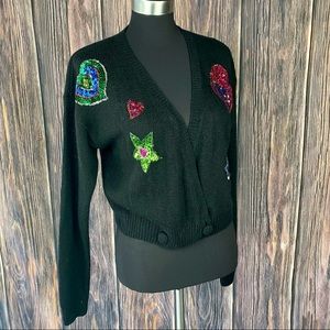 VINTAGE 80s 90s Black Wool Blend Sequined Hearts & Stars Cardigan Sweater